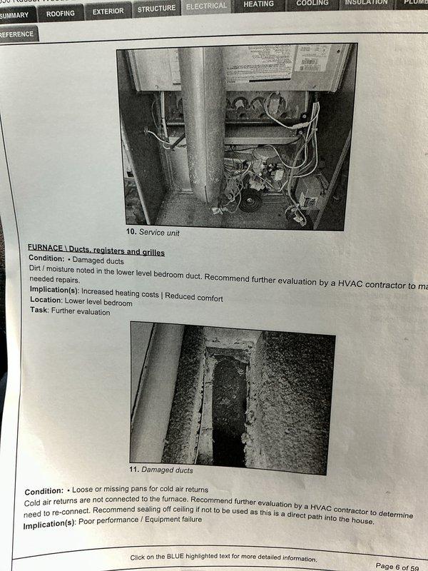 Conducted comprehensive HVAC system inspection identifying multiple critical deficiencies requiring immediate attention. Documented damaged and soiled ductwork in lower level bedroom showing evidence of dirt and moisture accumulation, which compromises system efficiency and indoor air quality. Identified unattached cold air return pans creating poor airflow performance and potential equipment strain. Located unsealed furnace chimney connection at utility closet, presenting serious safety hazard due to potential combustion gas infiltration into living space. Photographed all deficient conditions including service unit interior, deteriorated duct sections, disconnected return air ductwork, and improperly sealed venting system for detailed documentation and recommended corrective action by qualified contractor.
