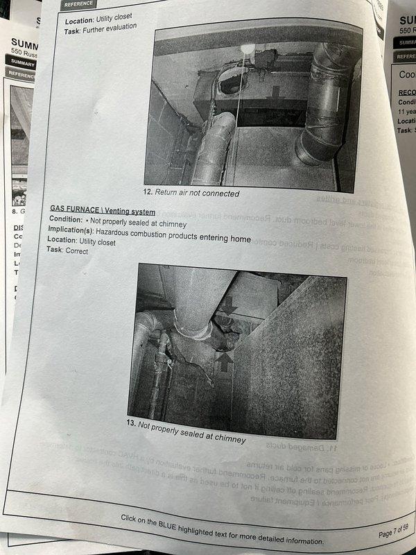 Conducted comprehensive HVAC system inspection identifying multiple critical deficiencies requiring immediate attention. Documented damaged and soiled ductwork in lower level bedroom showing evidence of dirt and moisture accumulation, which compromises system efficiency and indoor air quality. Identified unattached cold air return pans creating poor airflow performance and potential equipment strain. Located unsealed furnace chimney connection at utility closet, presenting serious safety hazard due to potential combustion gas infiltration into living space. Photographed all deficient conditions including service unit interior, deteriorated duct sections, disconnected return air ductwork, and improperly sealed venting system for detailed documentation and recommended corrective action by qualified contractor.
