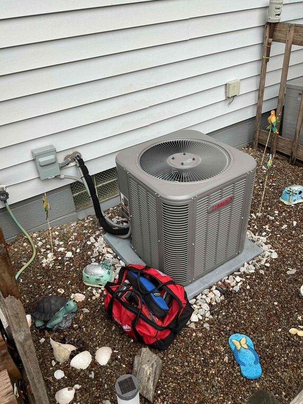 Completed scheduled MVP cooling maintenance visit on 3-year-old HVAC system. Performed comprehensive inspection of indoor air handler unit and outdoor condensing unit, checked all electrical connections at disconnect box, verified proper refrigerant levels and system operation, and documented equipment condition with photographs for service records.