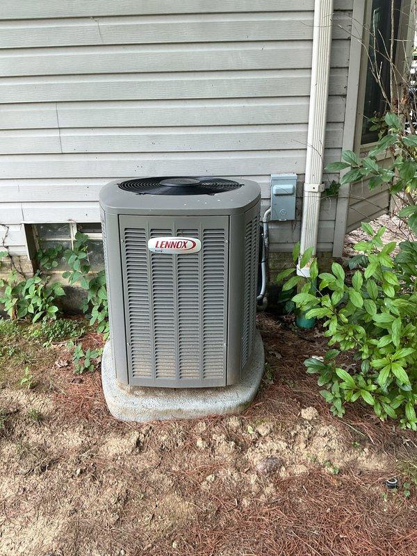 Completed MVP cooling maintenance visit on Lennox outdoor condensing unit and indoor air handler system. Performed standard seasonal inspection including visual assessment of outdoor unit condition, electrical disconnect, refrigerant lines, and condensate drainage. Verified indoor air handler operation, inspected ductwork connections, and confirmed proper airflow. All equipment operating within normal parameters with no issues identified during this recurring maintenance service.