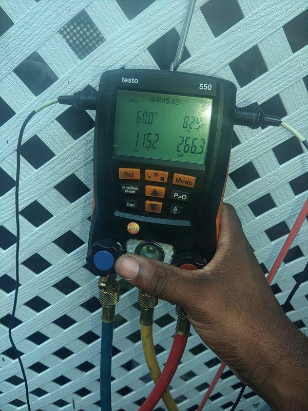 Completed warranty replacement of defective outdoor condensing unit. Removed failed condenser, installed replacement unit, reconnected refrigerant lines and electrical connections, pressure tested system, and verified proper operation with manifold gauges showing appropriate pressures and temperatures. Transported original defective unit back to shop per warranty protocol.