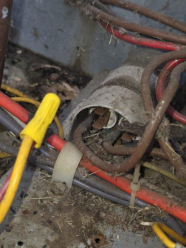 Completed MVP cooling maintenance visit on 7-year-old system. Inspected electrical connections and contactor assembly, noting significant accumulation of dirt, debris, and organic material throughout the unit. Documented wire terminations at terminal block showing brass screw connections with heat-shrink connectors in serviceable condition. Observed environmental contamination on wiring and junction points requiring attention to prevent future deterioration and ensure continued safe operation.