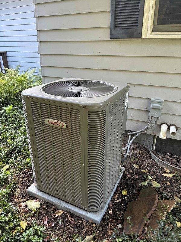 Completed scheduled MVP cooling maintenance visit on 9-year-old Lennox air conditioning system. Performed comprehensive inspection of outdoor condensing unit, verified proper electrical connections at control panel with all wiring secure and organized, checked disconnect box operation, and confirmed unit operational status. System operating within normal parameters with no issues identified during this preventive maintenance visit.