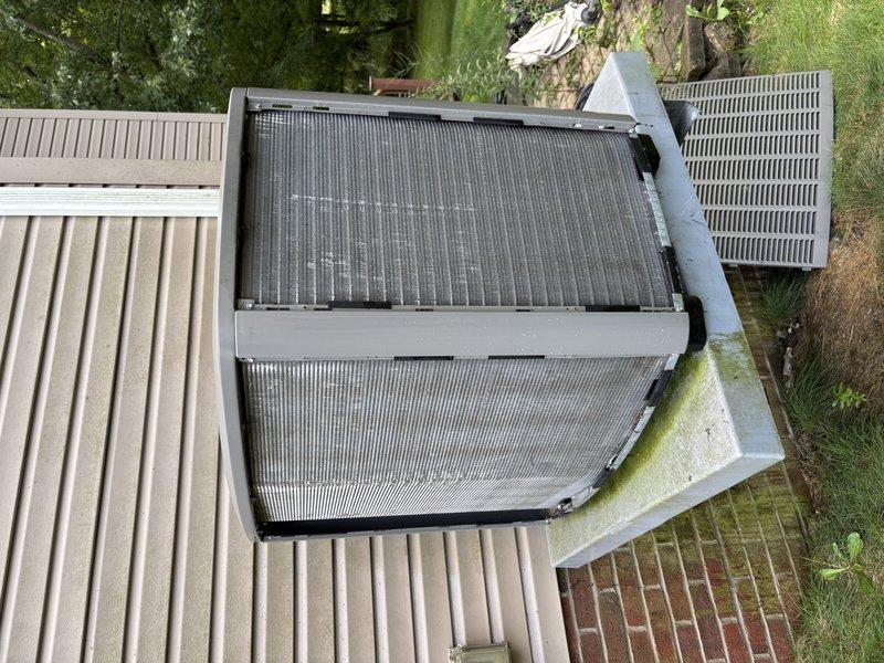 Completed MVP cooling maintenance visit on 3-year-old system. Performed comprehensive inspection of outdoor condensing unit, removed top panel to access internal components, and assessed condenser coil condition. Coils showed significant accumulation of dirt, debris, and dust requiring attention. Documented equipment condition with photos showing both internal coil assembly and external unit positioning. Unit remains operational with all components intact. Confirmed appointment and completed scheduled recurring maintenance service.