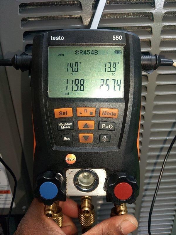 Replaced defective outdoor condensing unit under manufacturer warranty with new unit. Charged system with R454B refrigerant and verified proper operation with superheat reading of 14°F and subcooling of 39°F, confirming optimal refrigerant charge. Removed and returned failed unit per warranty requirements.