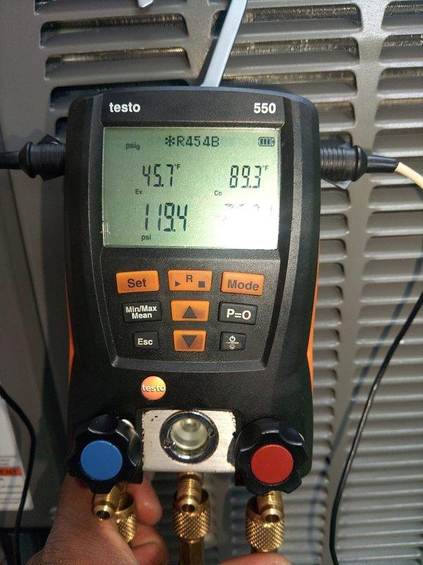 Replaced defective outdoor condensing unit under manufacturer warranty with new unit. Charged system with R454B refrigerant and verified proper operation with superheat reading of 14°F and subcooling of 39°F, confirming optimal refrigerant charge. Removed and returned failed unit per warranty requirements.