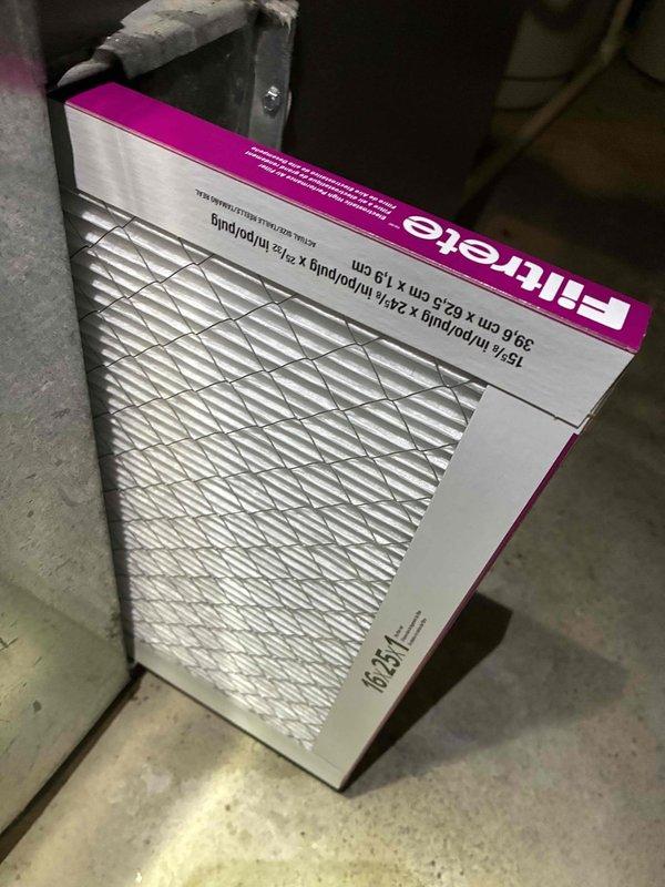 Completed routine MVP cooling maintenance visit on a 4-year-old HVAC system. Inspected and replaced the 16x20x1 pleated air filter, which showed accumulated debris and dust from normal operation. Verified proper system operation and airflow following filter replacement.