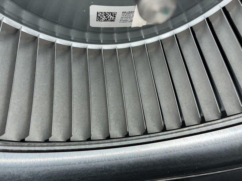 Completed MVP cooling maintenance visit on 9-year-old system. Inspected and verified clean air filter with no dirt accumulation or damage to pleated media or frame structure. Examined blower wheel assembly, confirming all blades were clean, evenly spaced, and in proper working condition with no debris buildup affecting airflow efficiency.