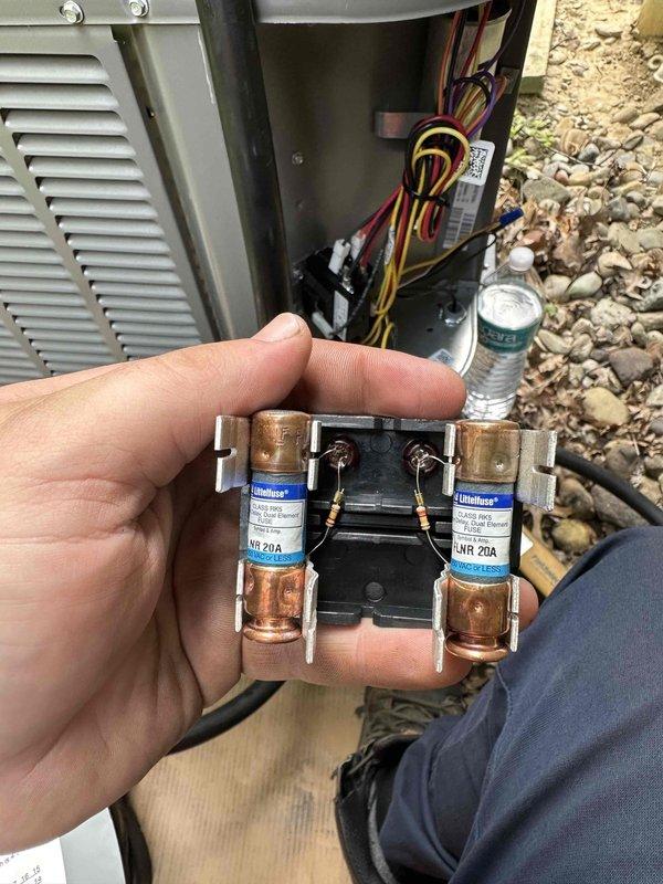 Completed full HVAC system installation including an 80% efficiency furnace and air conditioning unit. Installed new Lennox ML13XC1-024-230A03 condensing unit with R-454B refrigerant, rated at 208/230V, 60Hz. Replaced electrical disconnect with new fuse block containing Littelfuse NR 20A fuses to ensure proper overcurrent protection for the outdoor equipment. Verified all electrical connections, wiring terminations, and component specifications per manufacturer requirements. System tested and operational upon completion.
