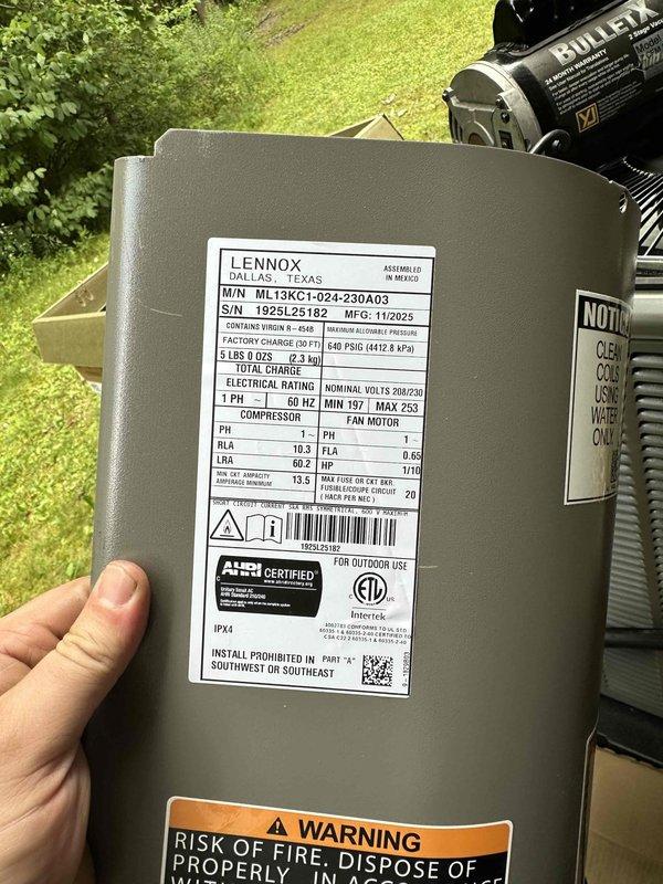 Completed full HVAC system installation including an 80% efficiency furnace and air conditioning unit. Installed new Lennox ML13XC1-024-230A03 condensing unit with R-454B refrigerant, rated at 208/230V, 60Hz. Replaced electrical disconnect with new fuse block containing Littelfuse NR 20A fuses to ensure proper overcurrent protection for the outdoor equipment. Verified all electrical connections, wiring terminations, and component specifications per manufacturer requirements. System tested and operational upon completion.