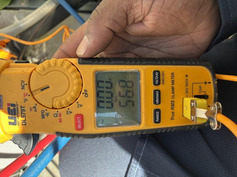 Completed scheduled MVP cooling maintenance visit on 11-year-old system. Performed electrical diagnostics using clamp meter to verify amperage draw and system performance at outdoor condensing unit. All readings documented and system operating within normal parameters.