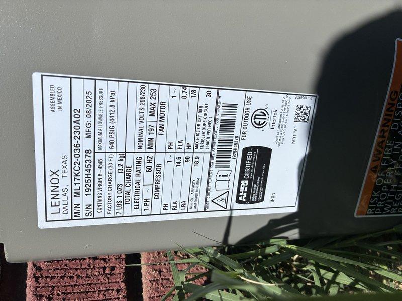 Installed dedicated electrical circuit for Lennox ML17XC1-036-230A02 air conditioning unit. Ran new wiring from electrical panel to exterior condensing unit, terminated all connections at equipment disconnect and unit control board, and verified proper voltage supply within manufacturer specifications of 197-253V. All electrical connections secured with appropriate wire nuts and terminals, grounding conductor properly bonded to equipment chassis per NEC requirements.