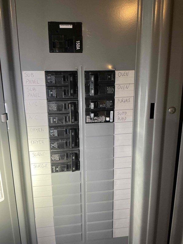Conducted electrical site assessment for Kohler generator installation. Evaluated existing main electrical panel and subpanel configuration to determine compatibility and capacity for generator integration. Documented current breaker layout including 150A automation panel, main service breakers, and existing circuits serving HVAC systems, kitchen appliances, EV charging, and other critical loads. Photographed panel configuration and circuit labeling to support generator sizing recommendations and transfer switch specifications for Buckeye Power Sales proposal.