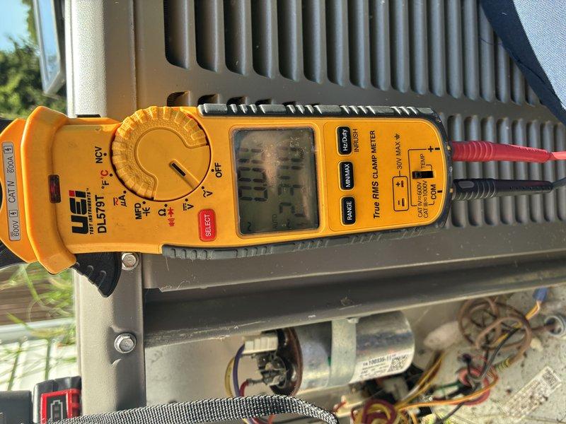Completed MVP cooling maintenance visit on 6-year-old system. Performed diagnostic testing using digital multimeter to verify electrical parameters and system performance. Measured voltage, amperage, and resistance readings at various points on the outdoor condensing unit. All electrical readings were within manufacturer specifications. Inspected heat exchanger fins and coil surfaces, which appeared clean and in good condition. Verified proper operation of control board and wiring connections. System operating normally with no deficiencies noted.