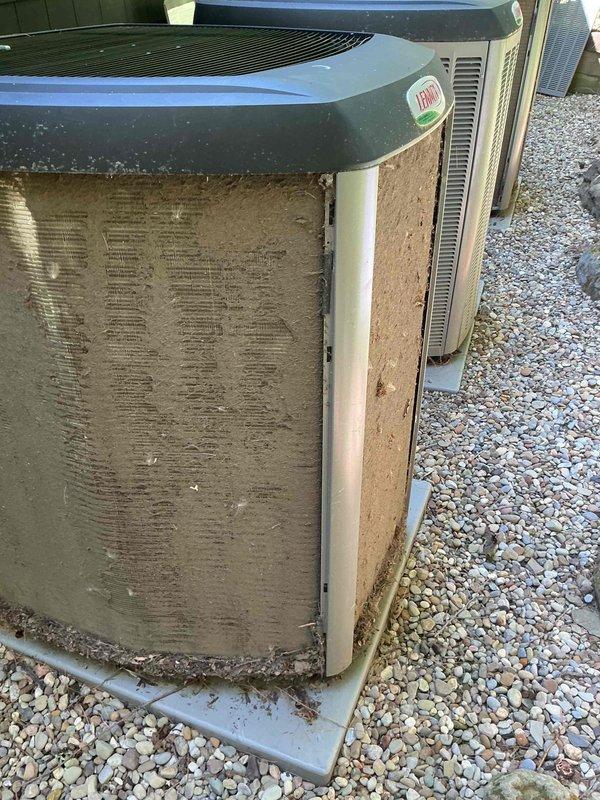 Completed comprehensive tune-up service on three Rheem air conditioning systems at residential property. All units showed significant debris accumulation on condenser coils, which were thoroughly cleaned to restore proper airflow and heat transfer efficiency. Performed standard maintenance procedures including electrical connections inspection, refrigerant pressure verification, and operational testing on all three systems to ensure optimal performance for the cooling season.
