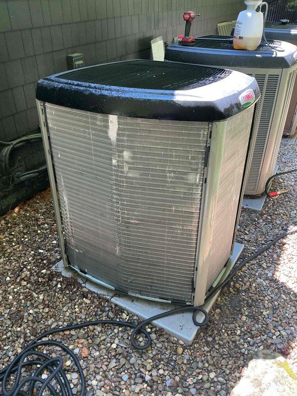 Completed comprehensive tune-up service on three Rheem air conditioning systems at residential property. All units showed significant debris accumulation on condenser coils, which were thoroughly cleaned to restore proper airflow and heat transfer efficiency. Performed standard maintenance procedures including electrical connections inspection, refrigerant pressure verification, and operational testing on all three systems to ensure optimal performance for the cooling season.