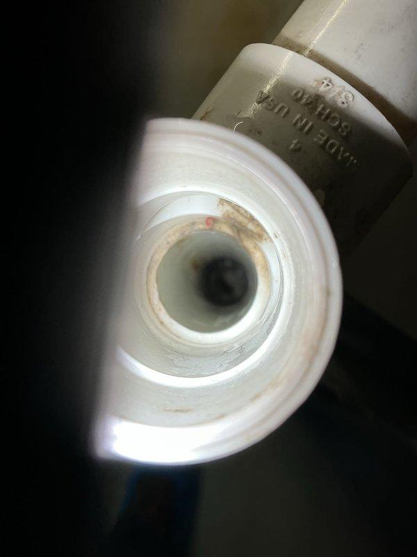 Responded to customer complaint of sewer gas odor when air conditioning system operates. Upon inspection, discovered compromised or dry P-trap in condensate drain system allowing sewer gases to enter through the HVAC unit and distribute throughout the home via the ductwork. Inspected blower assembly and air handler components for proper operation. Verified condensate drain line connection and identified source of odor infiltration through plumbing system. Documented findings with photos of air handler interior components and PVC drain line configuration for service records.