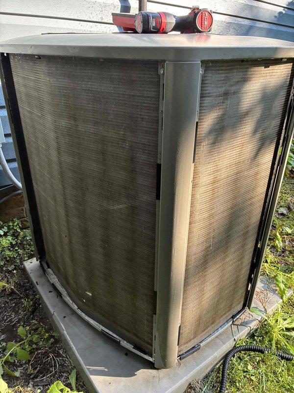 Completed MVP recurring cooling maintenance visit on 5-year-old residential HVAC system. Performed comprehensive inspection of indoor Lennox furnace unit and outdoor condenser unit, verified all refrigerant lines and connections, checked condensate drainage system, and confirmed proper operation of all components. Noted outdoor condenser coils showing differential weathering with heavier buildup on one panel; system operating within normal parameters with adequate airflow and no immediate service concerns identified.