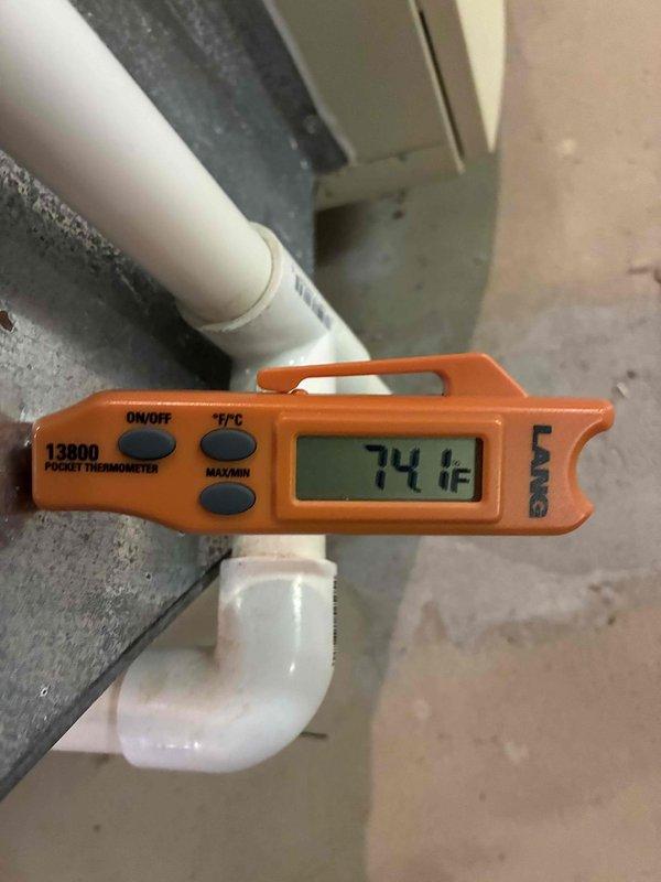 Completed MVP cooling maintenance visit on Lennox outdoor condensing unit. Performed standard system inspection, verified refrigerant line temperatures at 74°F on suction line, confirmed unit operational status, and documented equipment condition. All components found operating within normal parameters with no immediate service needs identified.