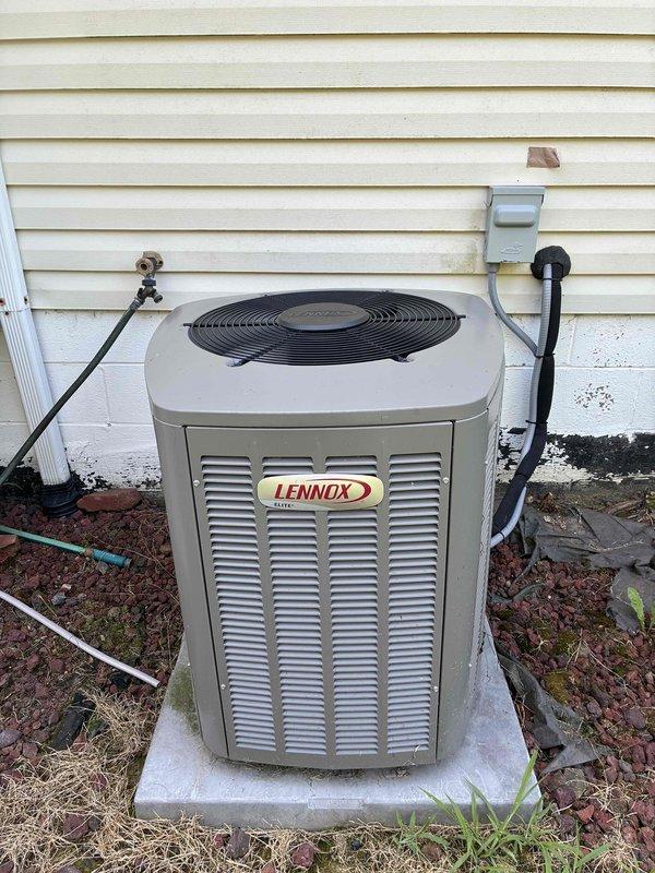 Completed MVP cooling maintenance visit on Lennox outdoor condensing unit. Performed standard system inspection, verified refrigerant line temperatures at 74°F on suction line, confirmed unit operational status, and documented equipment condition. All components found operating within normal parameters with no immediate service needs identified.