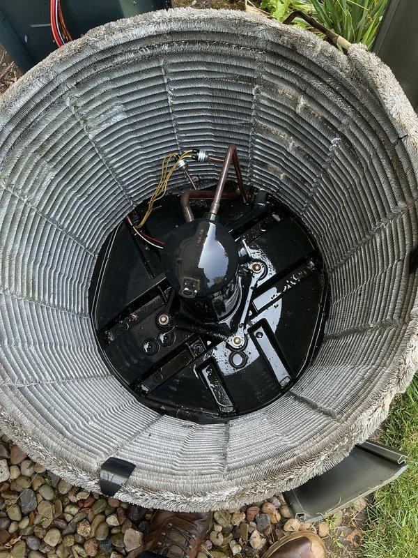 Performed routine cooling maintenance on 10-year-old Trane air conditioning system. Conducted comprehensive AC tune-up including inspection of condenser unit, which showed significant accumulation of dirt, debris, and organic matter on coil fins requiring cleaning. Verified system operational status, cleaned condenser coils to remove environmental contaminants and improve heat transfer efficiency, and completed all standard maintenance procedures to ensure optimal system performance for the cooling season.