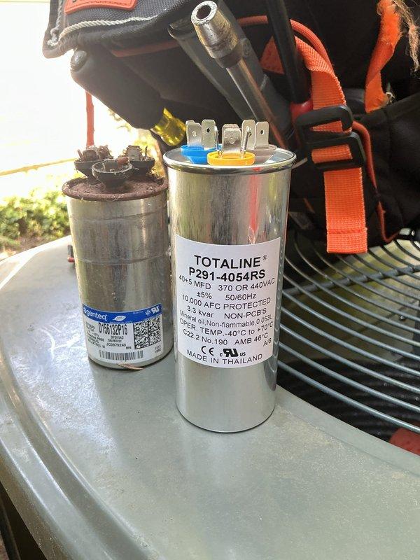 # HVAC Service Summary

Performed preventive maintenance on 8-year-old air conditioning system. Upon inspection, discovered failed capacitor with severe corrosion and thermal damage to housing and surrounding components. Replaced defective capacitor with new Totaline P291-4054R5 dual-run capacitor rated for 370/440VAC operation. Cleaned debris and corrosion from capacitor mounting area, verified all electrical connections, and tested system operation to confirm proper functionality.

# Detailed Service Description

Responded to service call for existing customer's outdoor air conditioning unit, approximately 8 years old and originally installed by our company. Arrived on-site and performed comprehensive system inspection of the condensing unit.

During visual inspection, identified a severely failed run capacitor exhibiting extensive corrosion, thermal damage, and burnt organic debris accumulation on top of the component and surrounding housing. The capacitor showed clear signs of elec