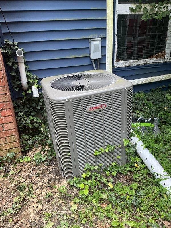 Completed routine maintenance visit on 4-year-old Lennox cooling system for MVP customer. Performed comprehensive inspection of indoor air handler unit located in basement utility area and outdoor condensing unit. Checked refrigerant levels, electrical connections, and operational performance of all system components. Noted vegetation growth around outdoor unit base that may require future clearance to maintain proper airflow and efficiency. All equipment functioning within normal parameters at time of service.