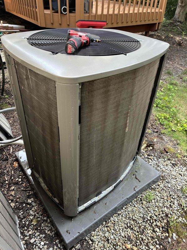 Completed MVP Cooling Visit on outdoor air conditioning condenser unit. Upon arrival, found filter panels heavily clogged with dirt, dust, and debris accumulation. Cleaned condenser coils and mesh filter panels, removing substantial buildup to restore proper airflow and system efficiency. Unit operational and running within normal parameters upon completion.