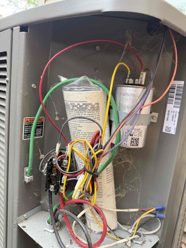 Completed MVP cooling maintenance visit on residential HVAC system. Performed inspection of outdoor unit's electrical compartment, documenting condition of dual capacitors, contactor assembly, and associated wiring connections. Inspected indoor air handler and verified proper airflow at supply register, noting normal operation of system components.