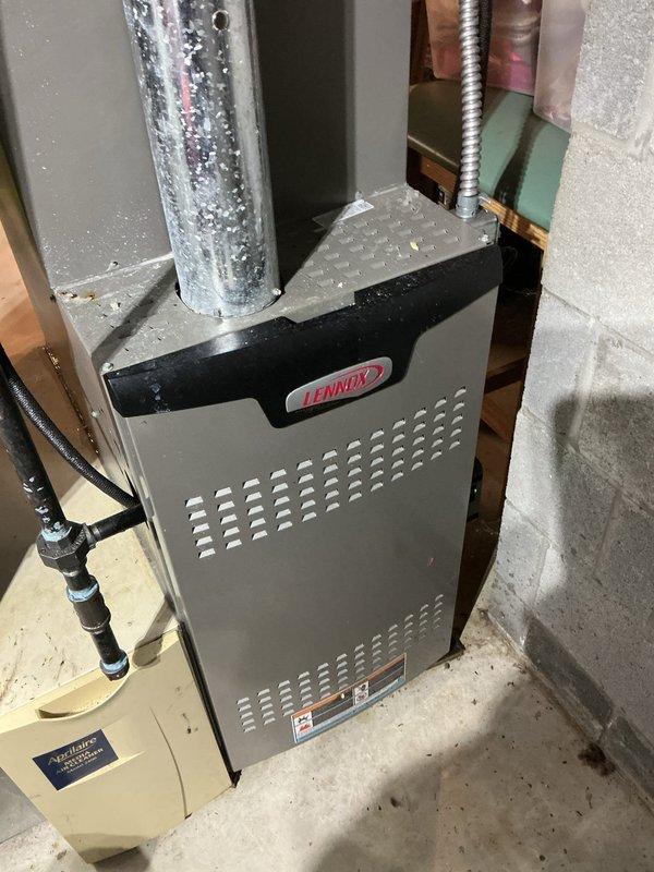 Completed MVP cooling maintenance visit on 19-year-old Lennox system. Inspected furnace, humidifier, ductwork, and outdoor condensing unit. Verified electrical connections, capacitor condition, and refrigerant lines; system operating within normal parameters for seasonal cooling service.