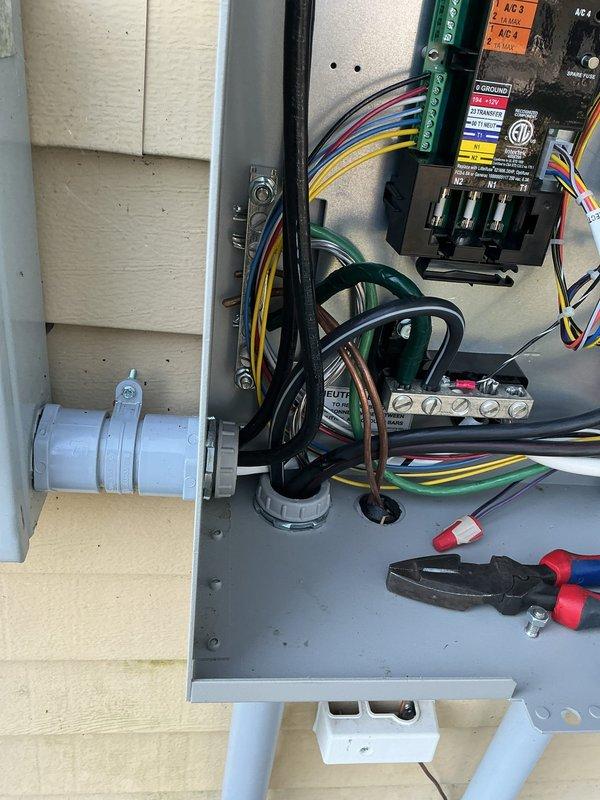 Responded to failed electrical inspection on generator transfer switch system. Installed required bonding jumper between ground and neutral conductors within the transfer switch enclosure to meet code compliance. Verified all connections were properly torqued and secured, ensuring safe operation of the automatic transfer switch and associated electrical components.