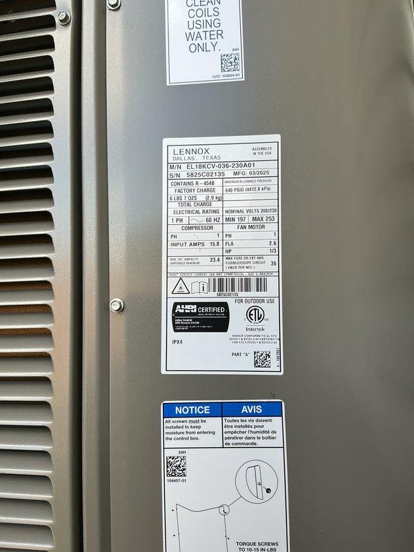 Performed comprehensive air conditioner tune-up on Lennox model EL18KCV-036-230A01 condensing unit. System was operating properly upon arrival. Completed full preventive maintenance inspection including electrical component verification, refrigerant line assessment, and visual inspection of control board and wiring connections. All components found to be functioning within normal parameters and unit left in proper working condition.