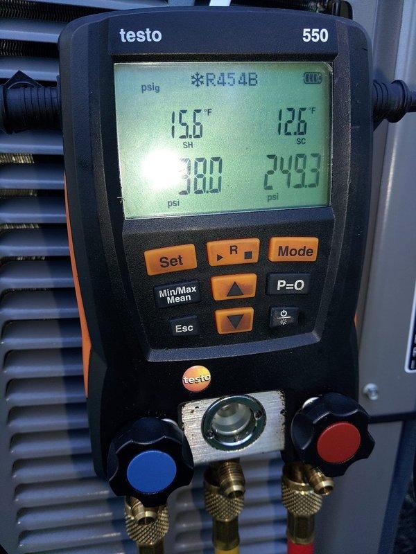 Completed installation of new air conditioning system and evaporator coil in residential mechanical room. System was charged with R454B refrigerant and tested using digital manifold gauges, confirming proper superheat reading of 15.6°F and subcooling of 126°F, with operating pressures of 180 psi low side and 249 psi high side, indicating optimal system performance.