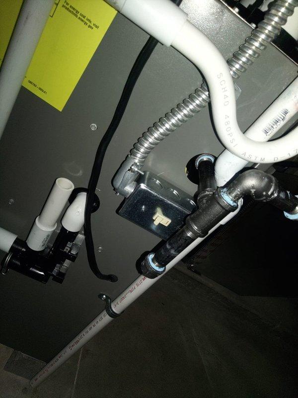 Installed shut-off switch on furnace and reconnected air conditioning unit to load shed module for generator integration. All electrical connections completed per manufacturer specifications, with proper wire terminations and secure mounting of components verified through visual inspection.