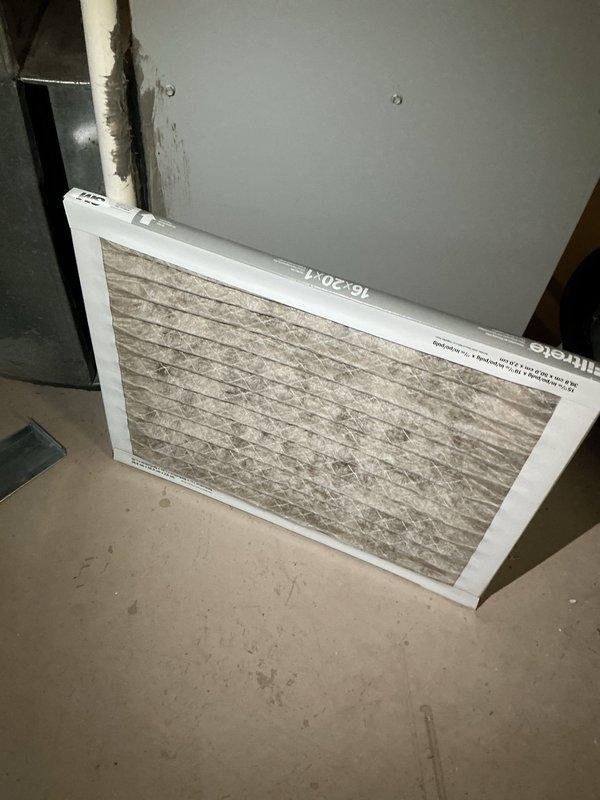 Completed MVP cooling maintenance visit on 10-year-old system. Performed standard diagnostic testing using digital meter, recording system readings at 5.12 on refrigerant lines and ductwork components. Inspected copper refrigerant piping and PVC condensate drainage system within the air handler compartment, verifying proper insulation placement around penetrations. Replaced heavily soiled 16x20 air filter that showed significant dust and debris accumulation, which was restricting airflow and reducing system efficiency. All mechanical components operating within normal parameters following filter replacement and routine maintenance procedures.