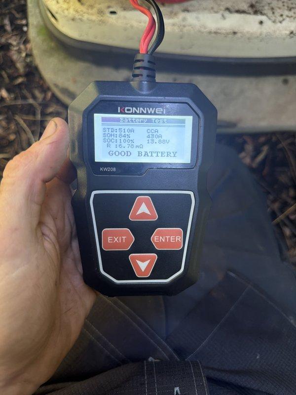 Completed scheduled maintenance on 5-year-old Generac generator unit. Performed comprehensive battery testing using digital analyzer, confirming battery health at 84% SOH with 100% state of charge and 13.98V reading under load—battery tested within acceptable parameters. Inspected and serviced air filtration system, removing and evaluating dual pleated air filters for debris accumulation. Conducted visual inspection of internal components including blower assembly, mounting hardware, and ventilation systems. All systems operational and unit returned to service.