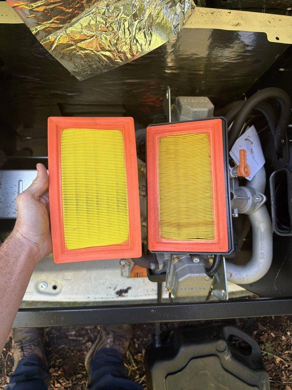 Completed scheduled maintenance on 5-year-old Generac generator unit. Performed comprehensive battery testing using digital analyzer, confirming battery health at 84% SOH with 100% state of charge and 13.98V reading under load—battery tested within acceptable parameters. Inspected and serviced air filtration system, removing and evaluating dual pleated air filters for debris accumulation. Conducted visual inspection of internal components including blower assembly, mounting hardware, and ventilation systems. All systems operational and unit returned to service.