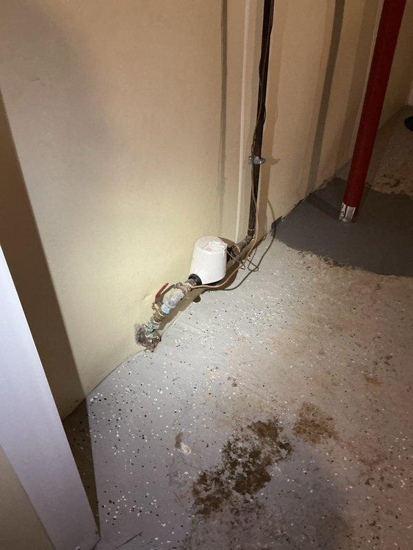 Completed comprehensive plumbing inspection of residential property, examining basement utility area plumbing infrastructure and bathroom fixtures. Documented condition of exposed supply lines, drainage systems, shut-off valves, and fixture installations including vanity sink with chrome faucet assembly and GFCI-protected electrical outlet. Observed floor staining in utility area indicating potential past moisture issues and verified proper operation of accessible plumbing components.