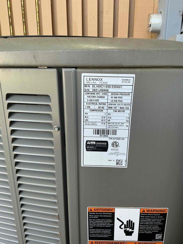 Performed scheduled maintenance tune-up on a two-year-old Lennox EL16XC1 air conditioning system. Completed comprehensive inspection of outdoor condenser unit and indoor furnace components, verified electrical connections and voltage specifications, checked refrigerant levels and pressures, inspected ductwork and ventilation systems, and confirmed all safety labels and warnings were intact. Unit operating within normal parameters with no issues identified.