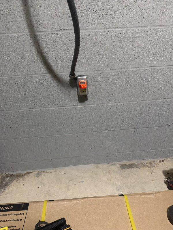 Installed two new 120V duplex receptacles in unfinished basement area of 35-year-old residential property. Ran new 12/2 NM-B cable from existing circuit, securing wiring along floor joists and down concrete block wall using appropriate fasteners and cable staples. Mounted electrical boxes to masonry wall and terminated connections per NEC standards. Verified circuit capacity and compatibility with existing electrical panel before energizing new outlets. Tested receptacles for proper polarity and grounding upon completion.