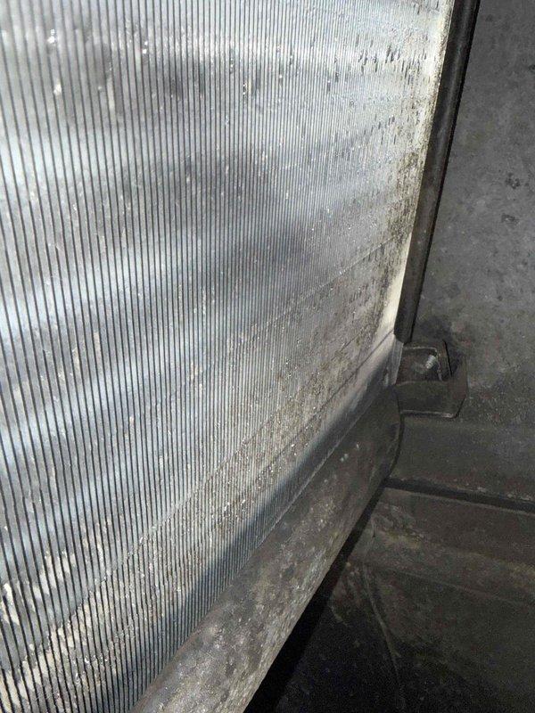 Completed scheduled maintenance visit for MVP customer on 13-year-old air handler unit. Performed thorough inspection of blower assembly, revealing moderate dust and debris accumulation on blower wheel blades and housing. Inspected evaporator coil and found aluminum fins in serviceable condition with dust buildup present on coil face and drain pan. Documented equipment condition with photos for maintenance records.