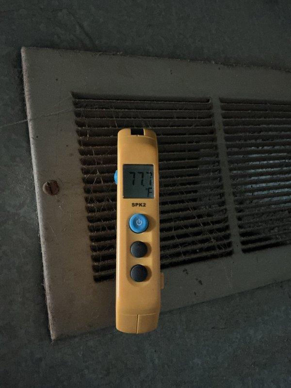 Responded to customer concern regarding air conditioning unit cycling on and off frequently. Performed diagnostic temperature measurements at supply and return vents, recording 71.1°F at return and 73°F at supply register. Verified unit is maintaining cooling functionality and achieving adequate temperature differential. System operating as designed with no immediate service concerns identified at time of inspection.