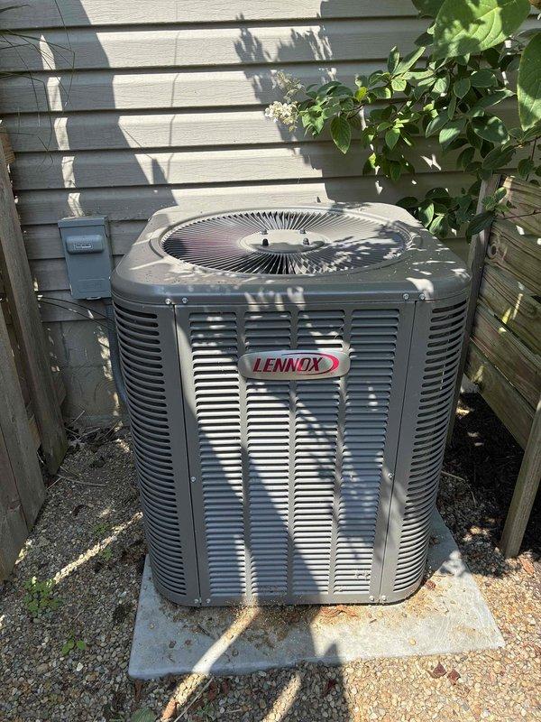 Completed scheduled cooling maintenance visit on a 4-year-old Lennox outdoor condensing unit. Performed comprehensive system inspection including electrical components, capacitor, and control board functionality. Unit was found operating within normal parameters with all connections secure and components functioning properly. Documented equipment condition with photographs showing outdoor condenser placement, internal electrical components, and capacitor assembly for maintenance records.