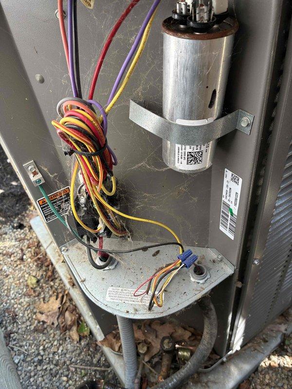 Completed scheduled cooling maintenance visit on a 4-year-old Lennox outdoor condensing unit. Performed comprehensive system inspection including electrical components, capacitor, and control board functionality. Unit was found operating within normal parameters with all connections secure and components functioning properly. Documented equipment condition with photographs showing outdoor condenser placement, internal electrical components, and capacitor assembly for maintenance records.