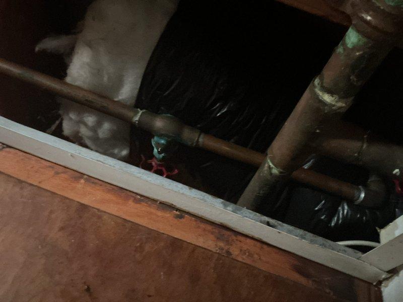 Responded to water leak emergency where a 20-year-old toilet was actively leaking through the basement ceiling. Upon arrival, water supply to the toilet had already been shut off by the customer to prevent further damage. Inspected the affected area, including crawl space access point, and documented copper supply line configuration and surrounding structural components showing signs of water exposure and corrosion. Photos captured the plumbing infrastructure, pipe routing, and insulation in the affected ceiling cavity to assess leak source and extent of damage.