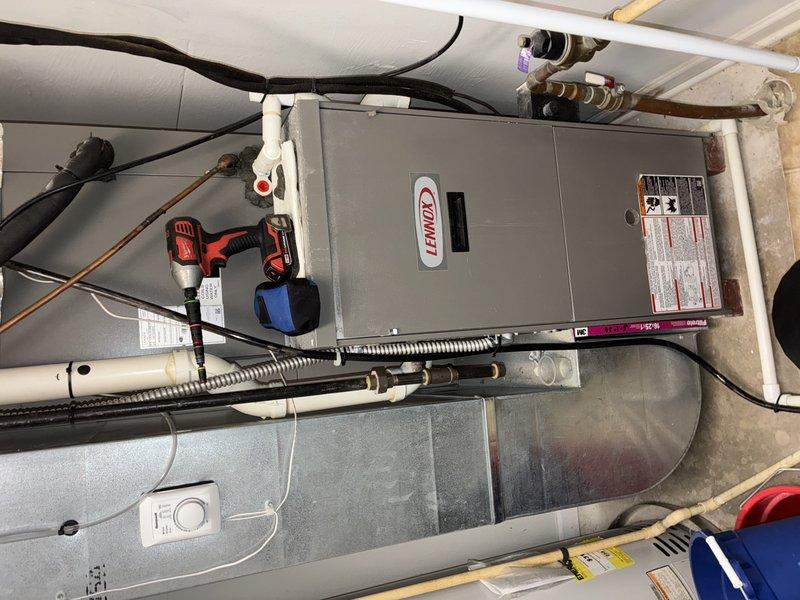 Completed MVP cooling maintenance visit on 5-year-old Lennox system that had been rescheduled from previous appointment. Performed standard preventive maintenance procedures including inspection of air handler, refrigerant lines, and electrical connections. Evaluated 16x25x1 air filter which showed normal dust accumulation and confirmed proper system operation throughout the service visit.