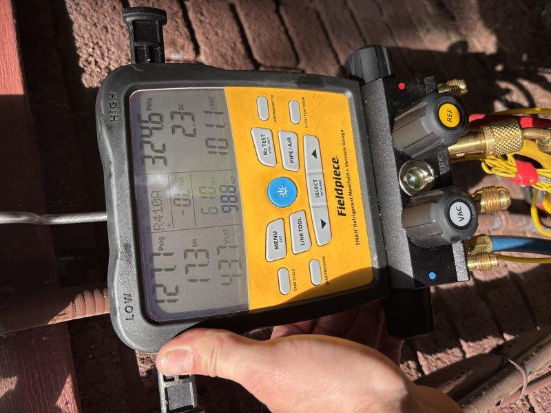 Completed preventive maintenance on 11-year-old residential air conditioning system. Performed comprehensive inspection of outdoor condensing unit, including electrical connections, capacitor, contactor, and internal components. Verified system pressures and temperatures using digital manifold gauges, confirming proper refrigerant charge and operational parameters within manufacturer specifications.
