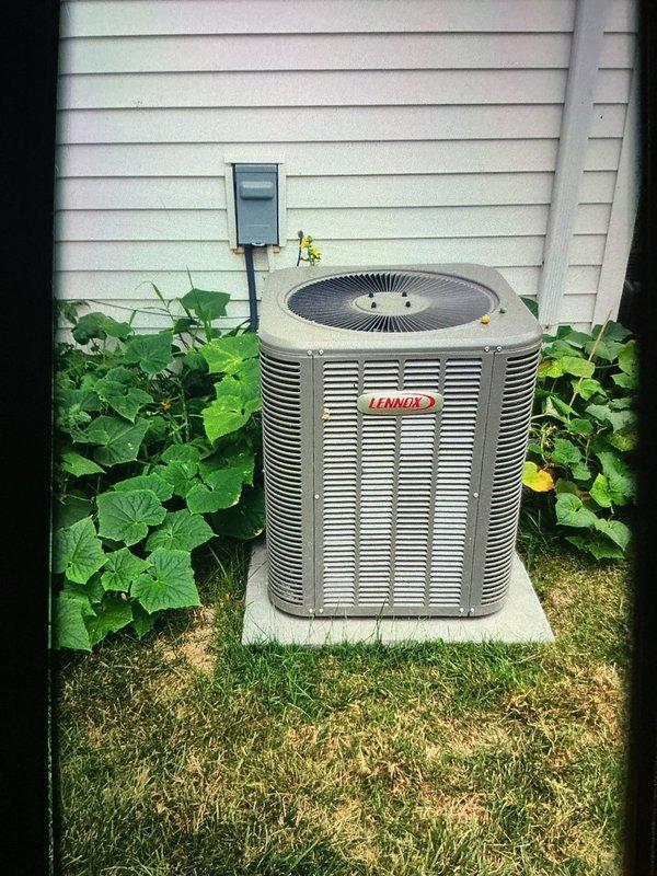 Completed BS-MVP preventive maintenance cooling visit on 2-year-old Lennox outdoor condensing unit. Performed standard system inspection, replaced dual 35A 250V time-delay fuses (Ferraz Shawmut Tri-Onic TR35R), and documented equipment condition with photos. Unit operating properly upon departure.