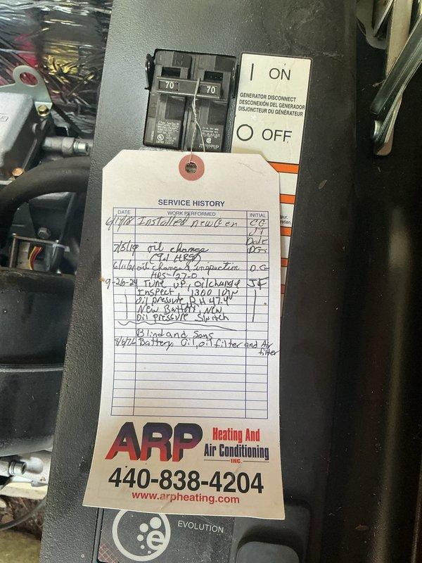 Responded to service call for 10-year-old Generac residential backup generator displaying yellow and red warning lights on control panel. Performed diagnostic inspection of unit, evaluated generator disconnect switch position, and assessed electrical connections at breaker panel. Documented current system status with photographic evidence and updated service history tag for maintenance records.