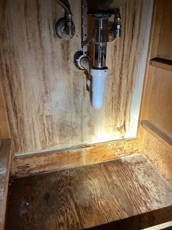Responded to service call for clogged bathroom sink drain. Upon arrival, assessed the peach-colored vanity sink with chrome dual-handle faucet and inspected the drainage system. Cleared the blockage in the drain line, restoring proper water flow through the basin. Inspection of the cabinet beneath the sink revealed significant pre-existing water damage to the particleboard flooring and back wall, with extensive brown staining and warping indicating long-term moisture exposure. The P-trap and drain assembly connections were examined and found to be properly sealed with no active leaks present at time of service. Drain now functioning properly with water flowing freely through the system.